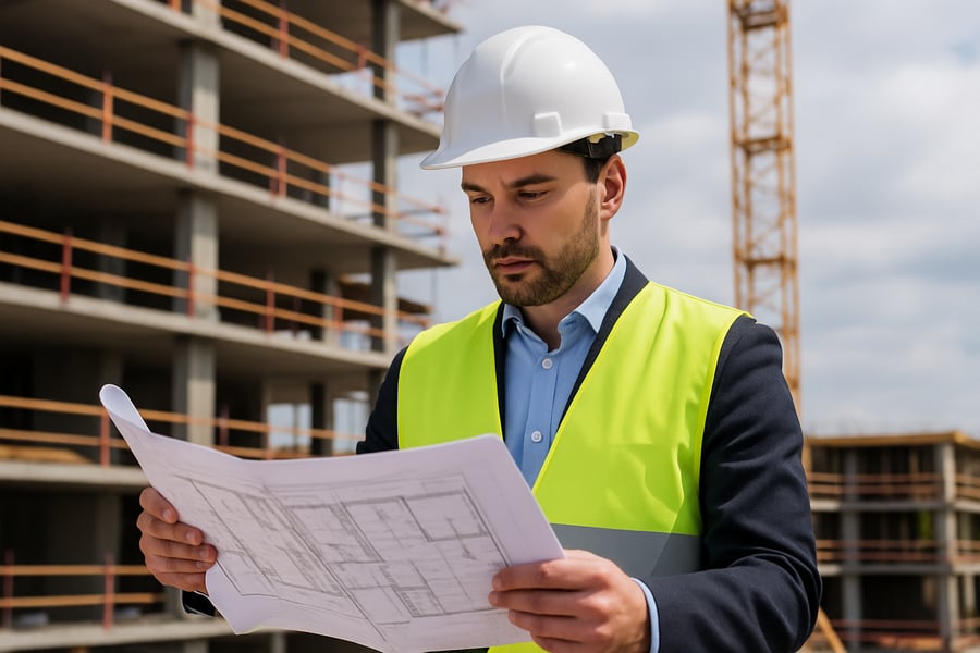 Professional quantity surveyor reviewing construction plans on-site Professional quantity surveyor reviewing construction plans on-site
